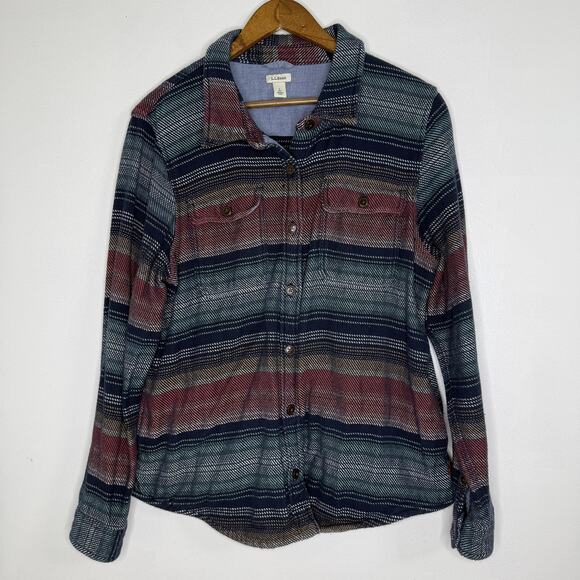 L.L.Bean Shirt Jacket Womens Large Blue Green Stripe Flannel Shacket Oversized - Picture 1 of 8